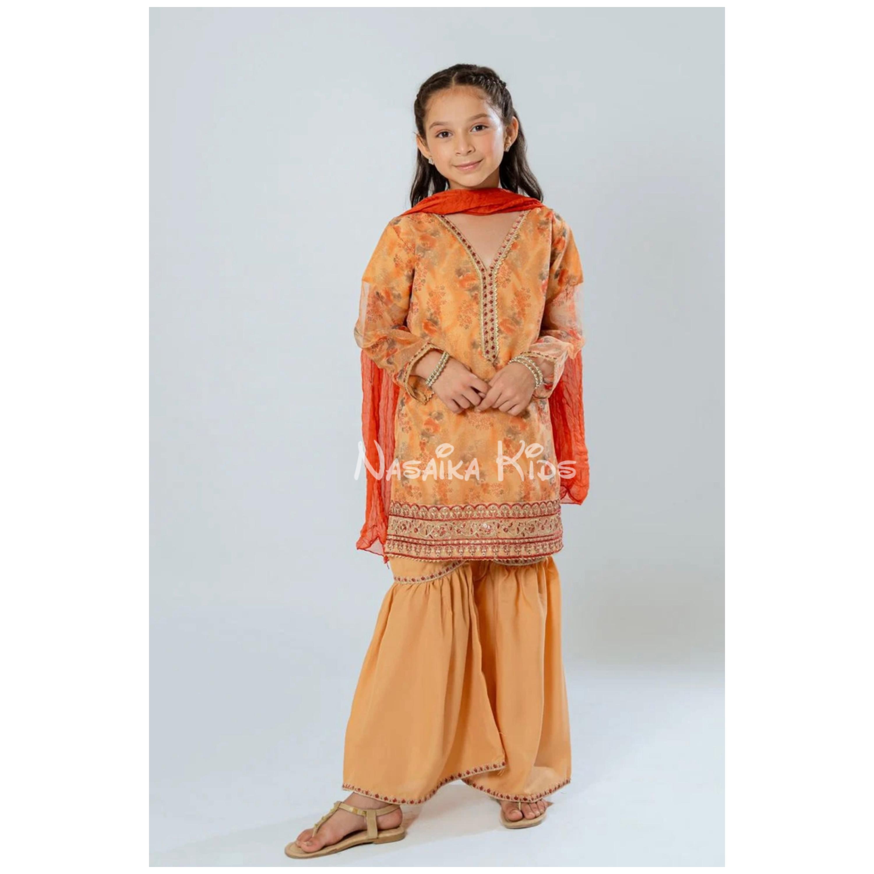 Peach Floral Girls Pakistani Gharara Kurta Dupatta Suit
