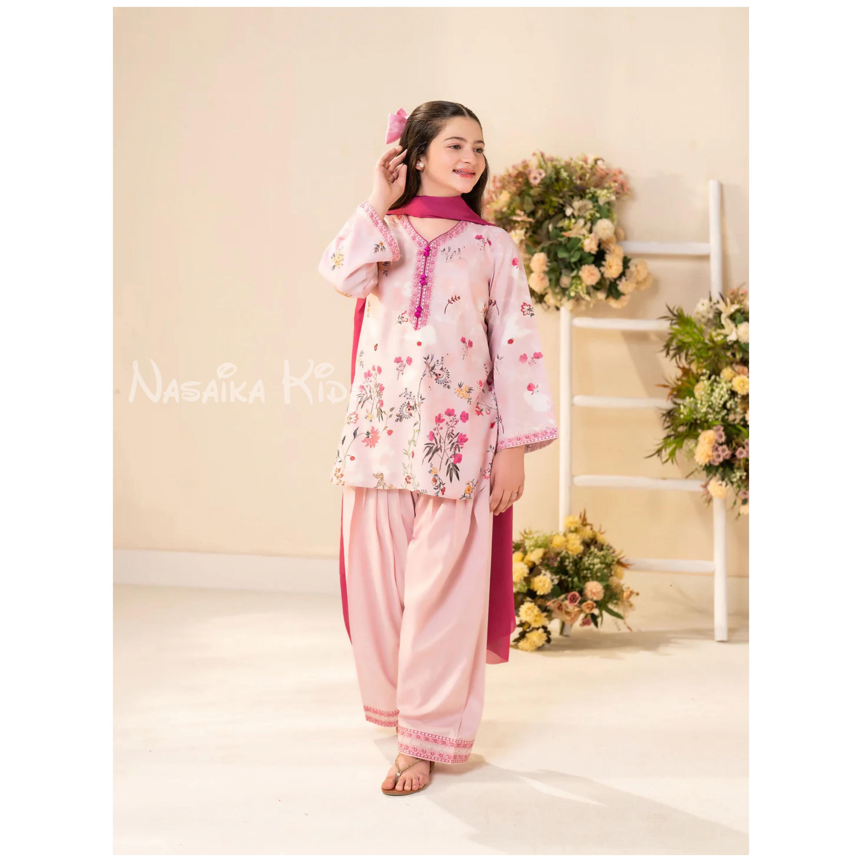 Pink Floral Girls Eastern Kurta Pajama Shalwar Kameez suit