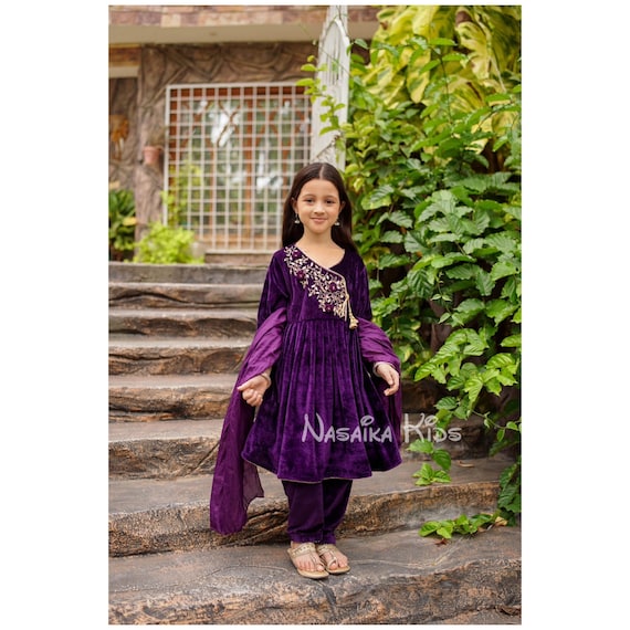 Purple Pakistani Girls Velvet 3pc Shalwar Kameez Suit