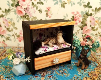 Dollhouse Bed for Cat  or  Dog 1:12 Scale,  Miniature Pet Bed, painted wood