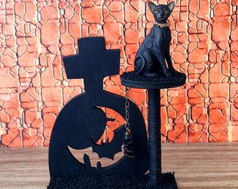 Miniatyr klösbräda för katt för Halloween dockhus, gotisk stil, skala 1:12.