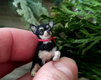 Dockhusminiatyr Chihuahua i 1:12, OOAK handgjord dockhusskulptur hund.