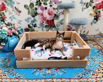 Dollhouse Bed for Cat  or  Dog 1:12 Scale,  Miniature Pet Bed, unpainted wood