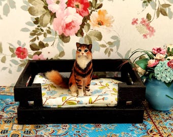 Dollhouse Bed for Cat  or  Dog 1:12 Scale,  Miniature Pet Bed, dark brown color