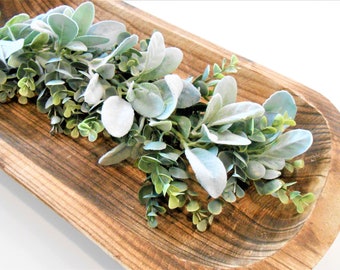 Farmhouse Greenery Dough Bowl Filler / Eucalyptus and Lambs Ear Bowl Garland / Spring Dough Bowl Filler / Small Garland For Dough Bowl