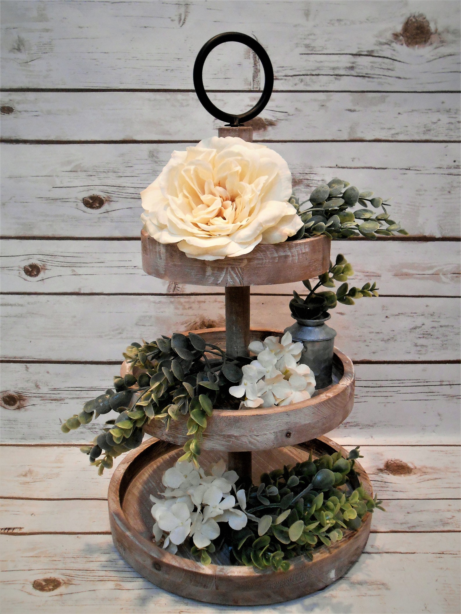 Tiered Tray Greenery And Flowers / Tiered Tray Spring Decor / Etsy