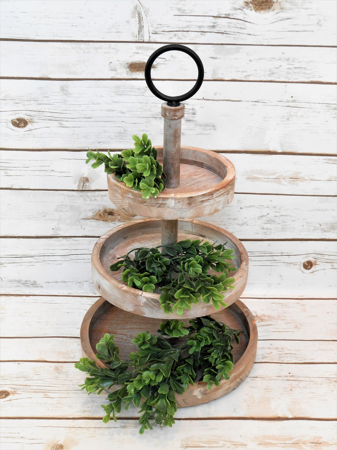 3 Tiered Wooden Tray / Rustic Tiered Tray and Box Wood Greenery