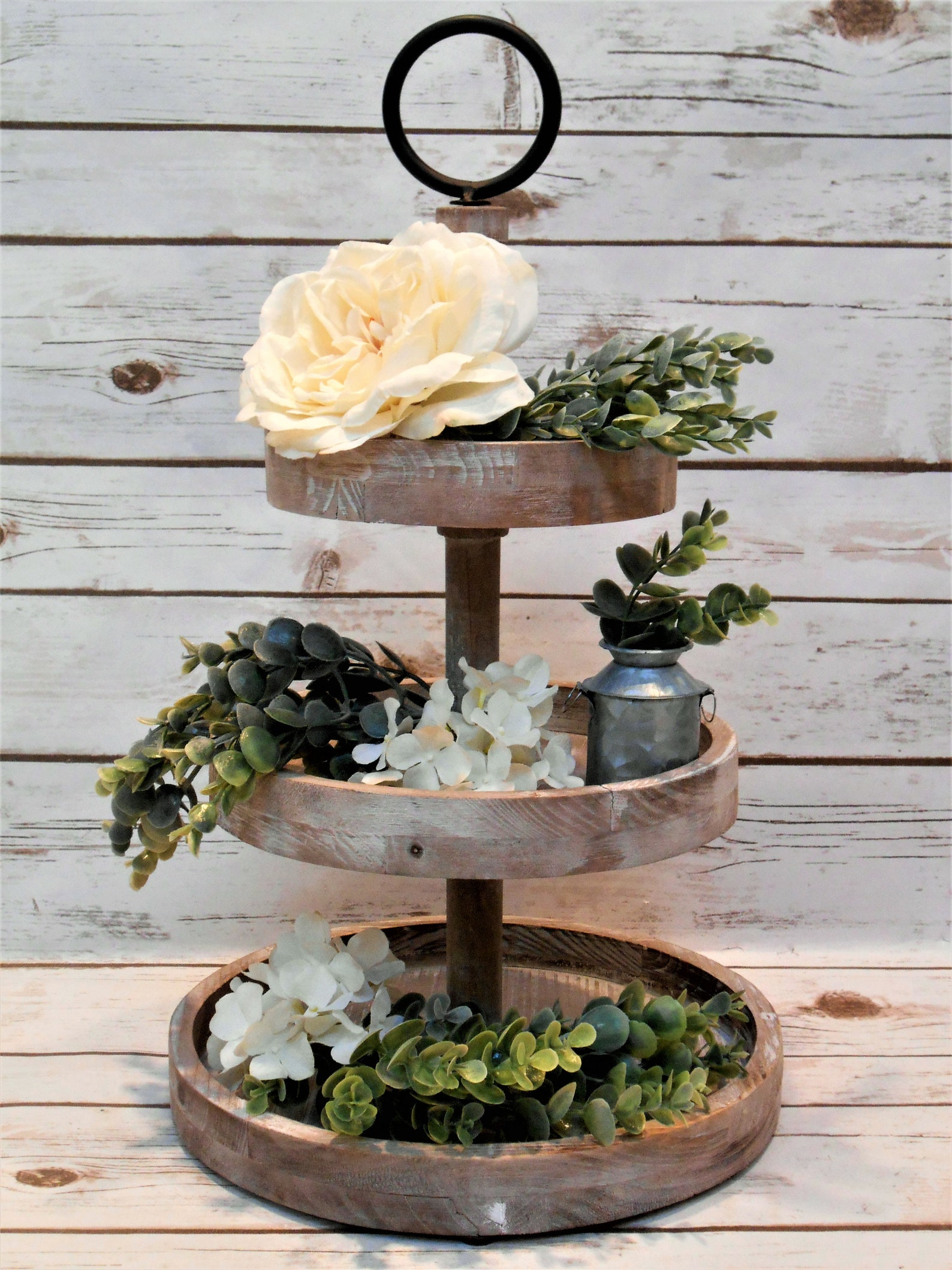 Tiered Tray Greenery And Flowers / Tiered Tray Spring Decor / Etsy