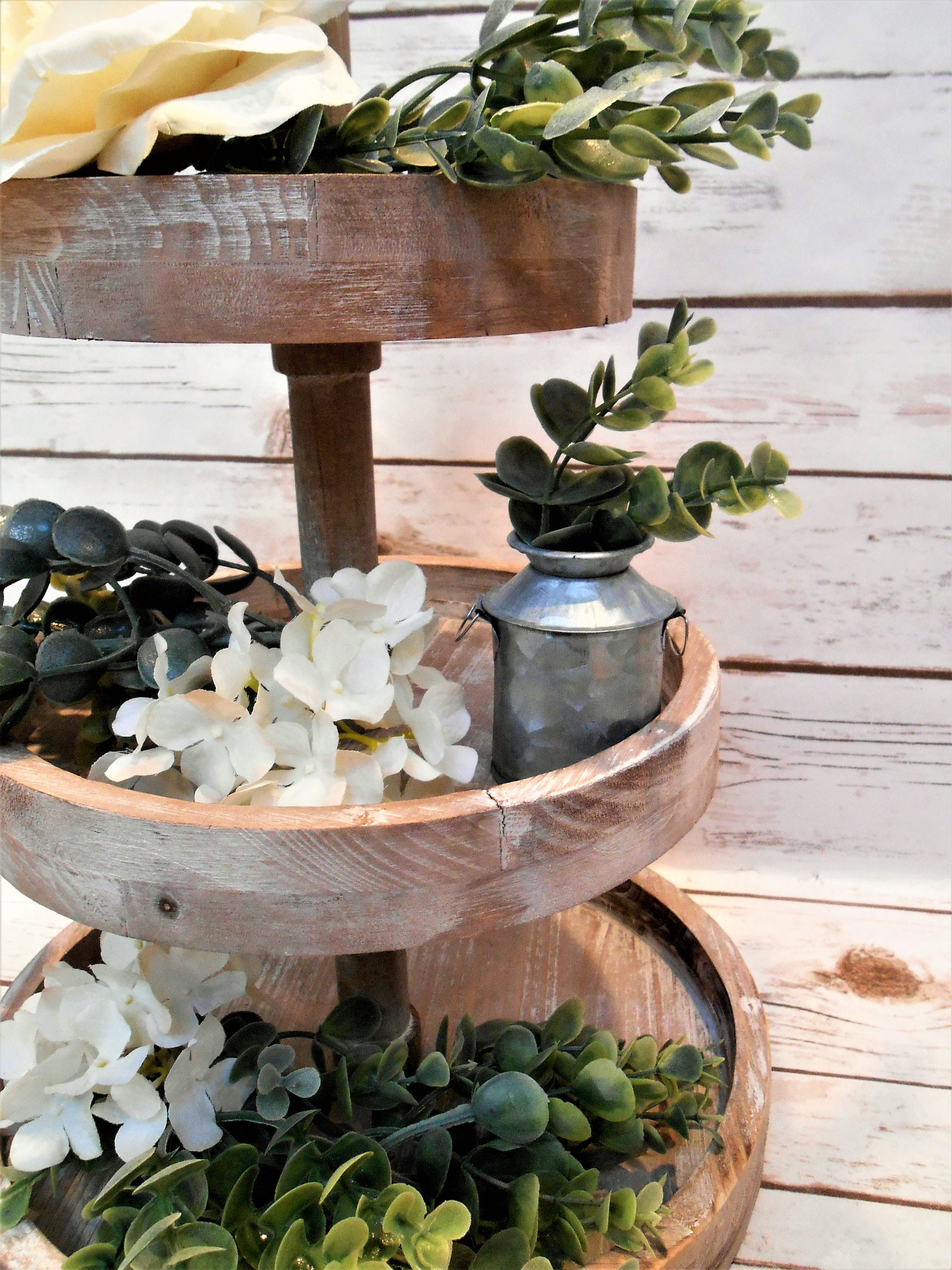 Tiered Tray Greenery And Flowers / Tiered Tray Spring Decor / Etsy