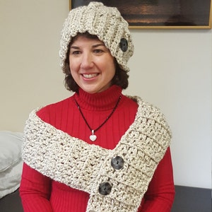 Wool button scarf and hat set - Oatmeal variegated yarn