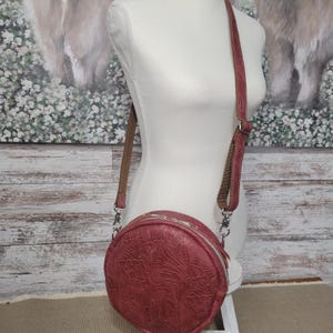 Canteen Purse, Red Tooled Embossed Leather Round Style Crossbody