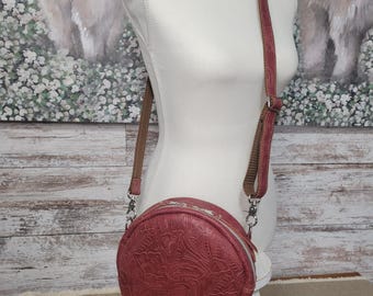 Round Purse, Red Tooled Embossed Leather Round Canteen Style Crossbody
