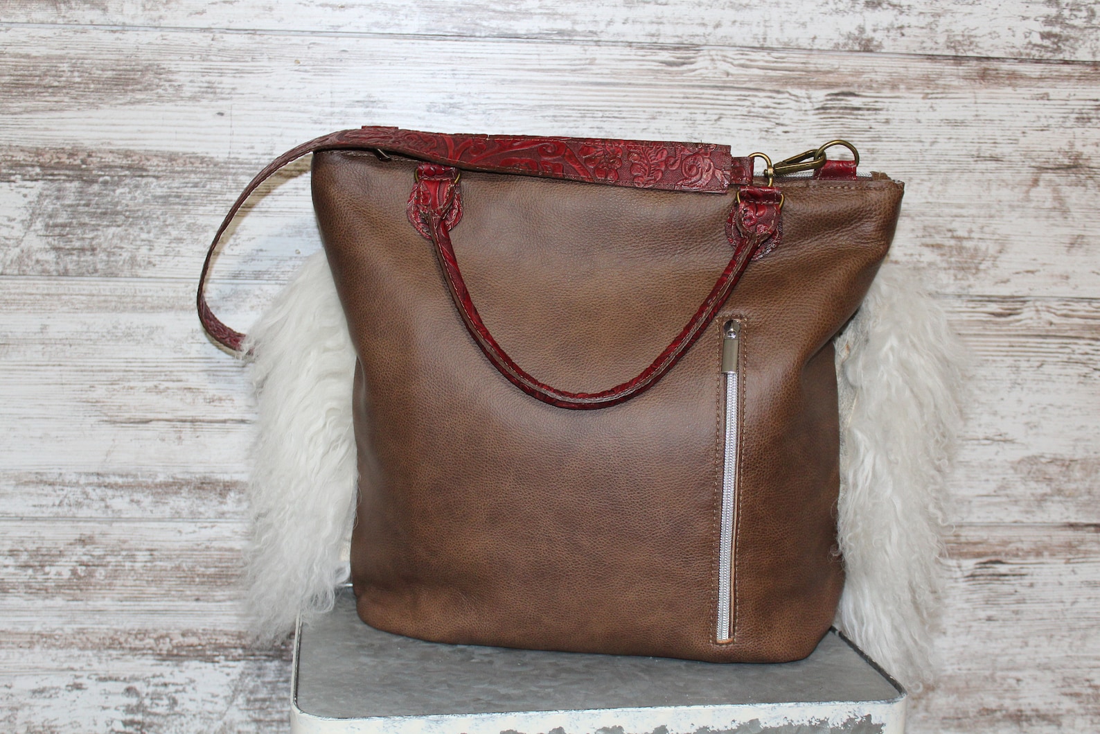 Axis Deer Purse with Red Leather Trim/Tibetan Curly Lamb Hide Etsy