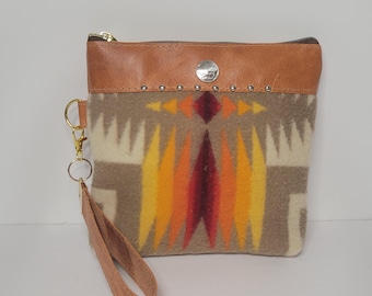 Wristlet Bag, PNW Wool Fabric Leather Cosmetic Bag