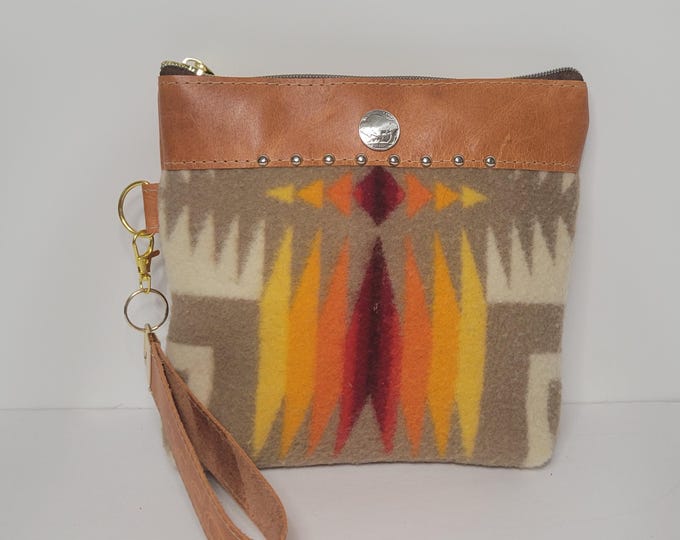 Wristlet Bag, PNW Wool Fabric Leather Cosmetic Bag