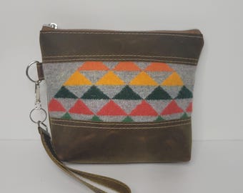 Wristlet Bag, PNW Wool Fabric Leather Cosmetic Bag