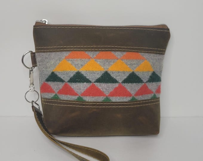 Wristlet Bag, PNW Wool Fabric Leather Cosmetic Bag