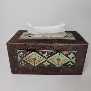 Tissue Box Cover, Dark Brown Hair On Hide with Embossed Leather