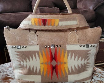 Top Handle Purse, PNW Wool with Embossed Leather, Shoulder Strap