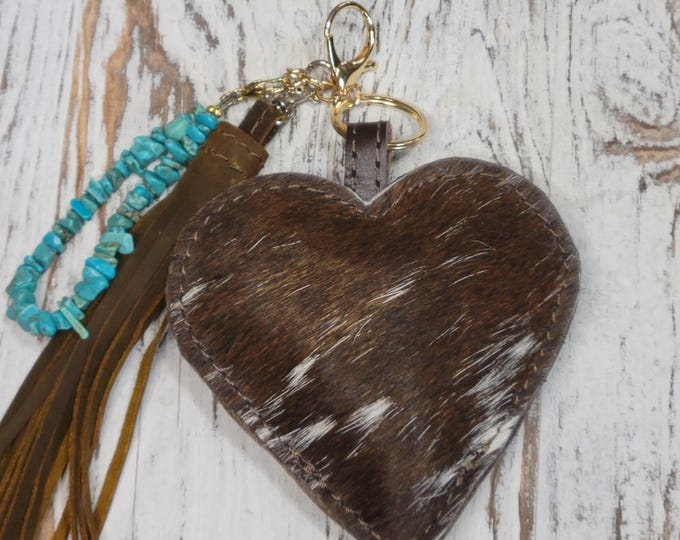 Western Keychain, Hearts with Turquoise, Cowhide Hearts with Leather Tassel, Keychains, Purse Charms