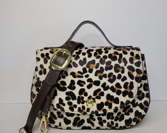 Top handle Shoulder Bag, Cheetah Print on Cowhide Purse