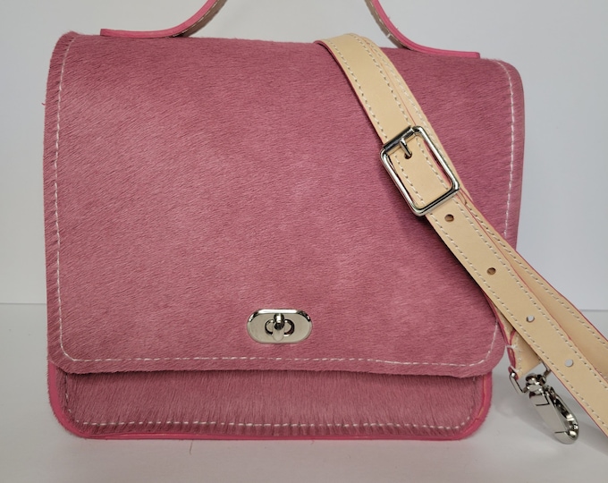 Top Handle Cowhide Purse, Pink Hair On Hide Crossbody, Hand Sewn Leather Crossbody