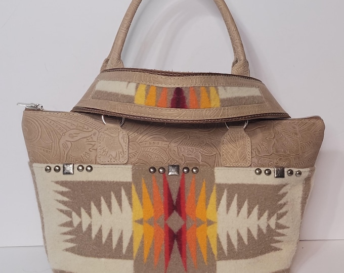 PNW Wool Handbag with Embossed Leather, Shoulder Strap has PNW Inlay