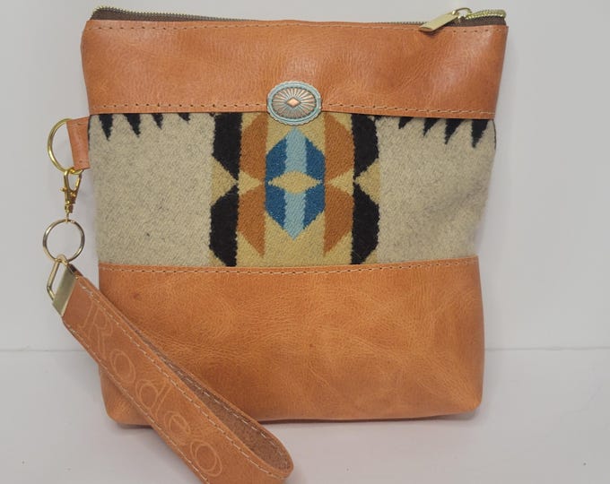 Wristlet Bag, PNW Wool Fabric Leather Cosmetic Bag