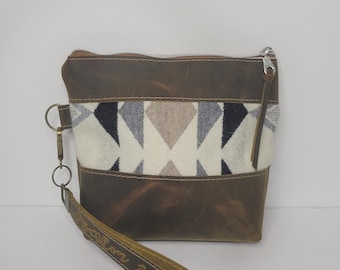 Wristlet Bag, PNW Wool Fabric Leather Cosmetic Bag