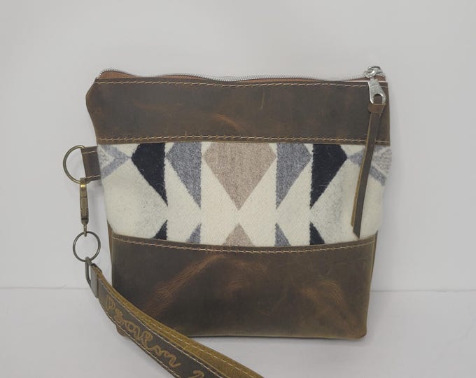 Wristlet Bag, PNW Wool Fabric Leather Cosmetic Bag