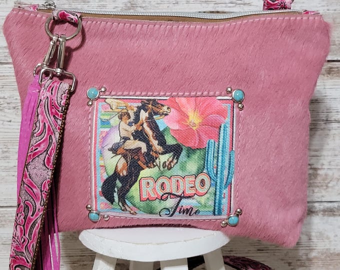 Crossbody Purse, Rodeo Collection, Pink Cowhide with Indios Pink Leather, Rodeo Time