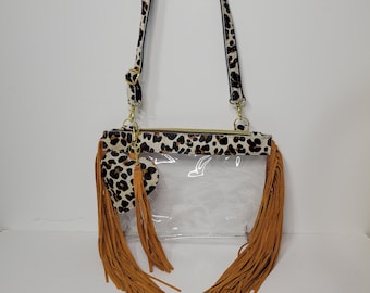 Cheetah Print Cowhide With Fringe Clear Vinyl Stadium Bag