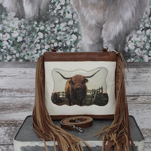 Handmade Highland Cow Purse, Leather Crossbody Purse with Highland cow