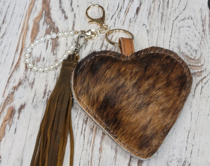 Hearts with Pearls, Cowhide Heart with leather Tassel, Purse Charm