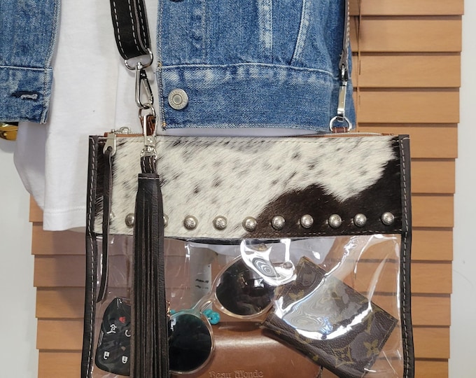 Stadium Crossbody, Rodeo Purse Collection, Cowhide with Clear Vinyl, Western Style Bag