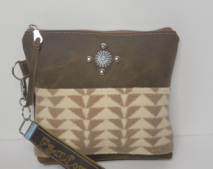 Wristlet Bag, PNW Wool Fabric Leather Cosmetic Bag