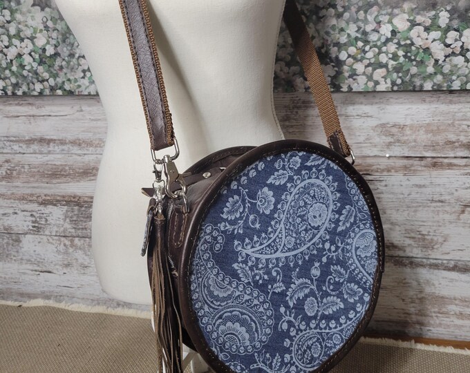 Canteen Style Purse, Denim Paisley with Brown Leather Round Crossbody