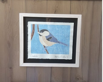 Framed  Black Capped Chickadee Wood Block White Line One of a Kind Original Provincetown Print 12" x 10" Massachusetts State Bird