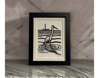 Heron Wading in Provincetown Harbor Linocut Available Framed and Unframed