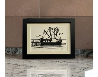 Dragger in  Provincetown Harbor Linocut Available Framed and Unframed