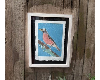 Framed American Robin Wood Block White Line One of a Kind Original Provincetown Print 10"x12"