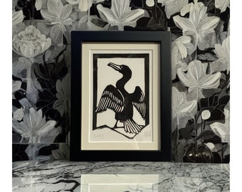 Cormorant Linocut Available Framed and Unframed