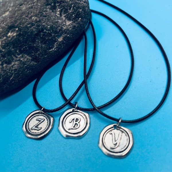 FREE SHIPPING choose your Letter Initial silver pewter wax seal ladies men girl boy Charm necklace pendant leather cord custom stamped