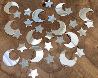 150 moon and star Confetti pieces. Silver glitter stars, silver mirror card, Table decoration