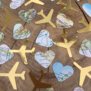 150 travel Confetti Pieces, map/atlas hearts, gold aeroplanes. Weddings, leaving party, travel