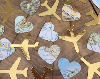 150 travel Confetti Pieces, map/atlas hearts, gold aeroplanes. Weddings, leaving party, travel