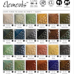 May include: A ceramic glaze colour chart from the Elements brand, displaying 24 different glaze colours. Each colour is presented on a square tile with a textured design, showing a variety of shades from neutral to bright. The chart includes the glaze name and code.