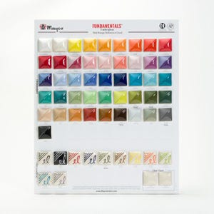 May include: A Mayco Fundamentals Underglaze Mid-Range Reference Chart featuring a grid of numerous small, square, glossy color samples in various hues. The chart includes rows of solid colors, a section for Designer Liner, and clear glaze samples.