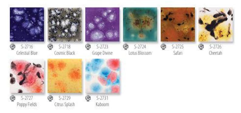 May include: A collection of nine square ceramic tiles with unique, colorful patterns. The tiles feature names like "Celestial Blue," "Cosmic Black," and "Grape Divine." Each tile has a distinct design, including speckled, floral, and abstract motifs.