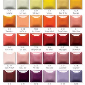 May include: A ceramic glaze colour chart from Stroke & Coat, displaying a grid of square colour swatches. The chart includes a range of colours, from white and yellow to orange, red, pink, purple, and blue. The text "Stroke & Coat" is at the top.